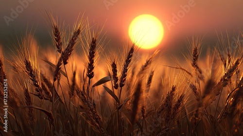 a golden sunset casts dramatic light over a field of ripe wheat, creating a serene rural landscape