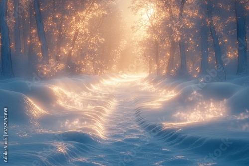 Bright light shining through snowy forest path.
