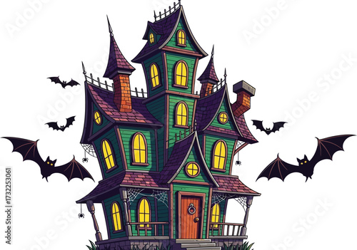 Spooky haunted house with bats flying around, a scary mansion with glowing windows and smoking chimney