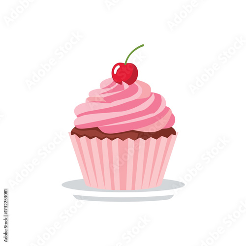 Delightful pink frosted cupcake crowned with a bright red cherry, perfect for celebrations and sweet moments.