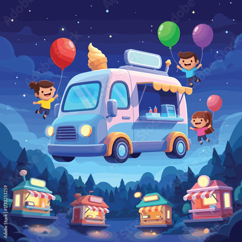 Joyful kids float with balloons near magical ice cream truck over whimsical night market stalls