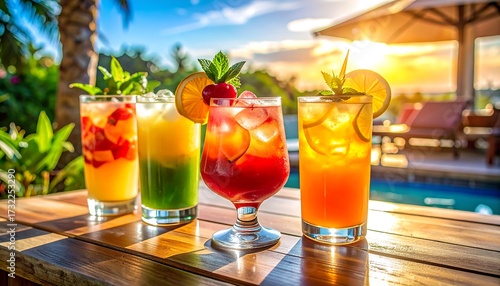 Four vibrant mixed drinks sit on a wooden table by a pool under a warm sunset. Garnishes include fruit & mint