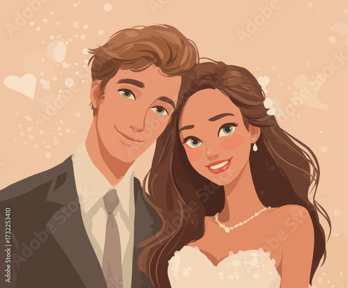 A joyful young couple smiles happily on their wedding day, dressed in elegant attire. The background features soft pastel colors and hearts, enhancing the romantic atmosphere.