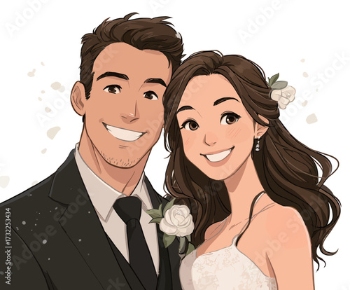 A joyful couple stands close together, smiling brightly on their wedding day.