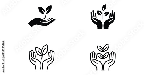Set of black and white icons showing hands nurturing growing plants, symbolizing care, sustainability, ecology, and environmental support