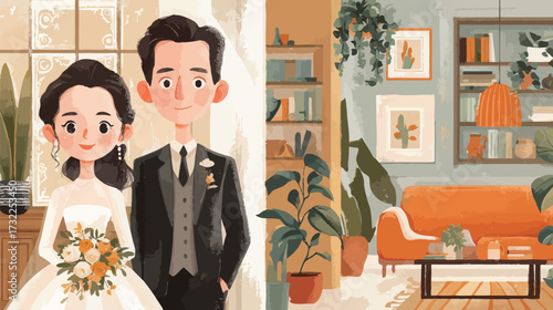 A joyful couple stands together, dressed for their wedding day. The bright room features plants, art, and a cozy sofa, creating a warm and inviting atmosphere.