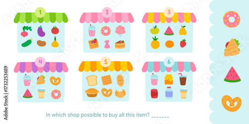 Supermarket mini game for kids. Cartoon food market game with cute food.