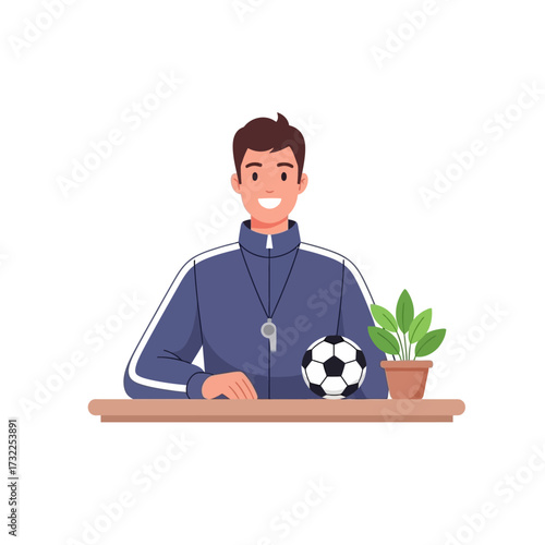 Vector art of smiling soccer coach with whistle and ball