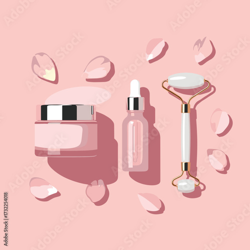 Pamper your skin with elegant facial roller and serum set surrounded by delicate rose petals for ultimate self care