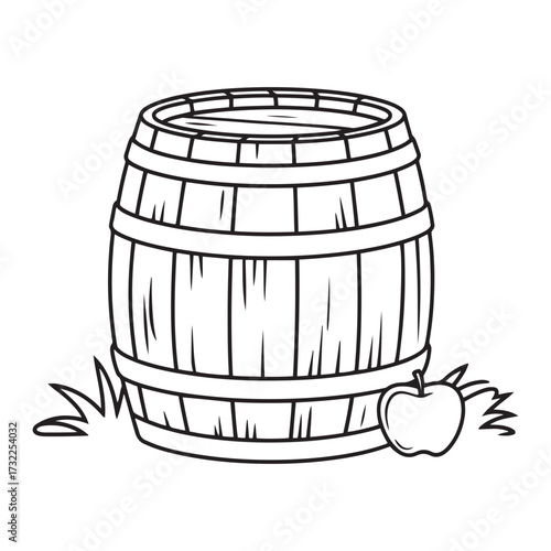 Classic Wooden Barrel Line Art Drawing with Apple and Grass for Autumn Harvest or Cider Making