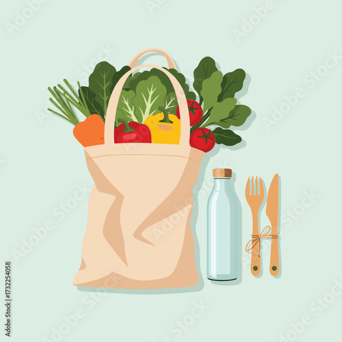 Healthy food shopping bag filled with fresh organic vegetables and fruits, sustainable lifestyle concept