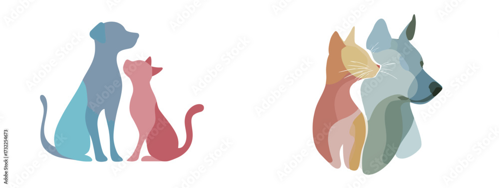Fototapeta premium Two colorful silhouettes of a dog and a cat sit closely together, sharing a tender moment, showcasing their friendship and connection in a vibrant design.