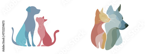 Two colorful silhouettes of a dog and a cat sit closely together, sharing a tender moment, showcasing their friendship and connection in a vibrant design.