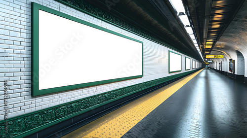 Fototapeta Naklejka Na Ścianę i Meble -  Large empty billboard inside underground Paris metro station, France, blank illuminated advertising panel with copy space for posters, promotions, announcements, and commercial marketing campaigns.