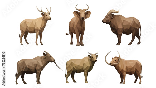 Collection of six stylized wild ungulates, including deer and cattle, in a geometric low-poly art style on a white background.