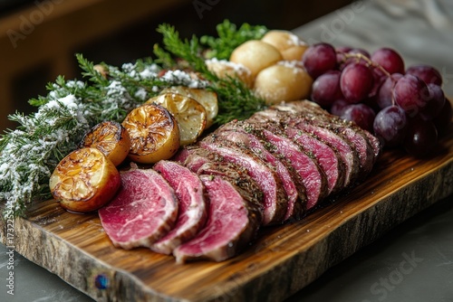 Meat and vegetables on wooden cutting board.