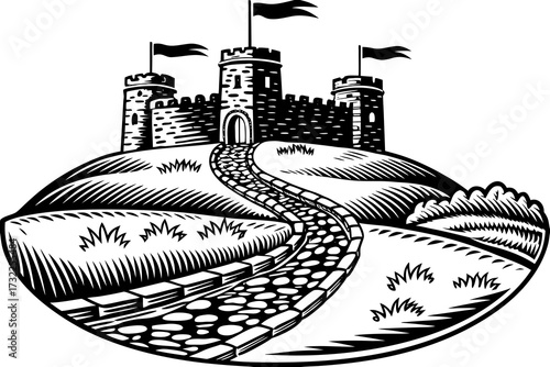 Vintage sketch vector of medieval stone castle on hilltop with walls, path, and fluttering banners