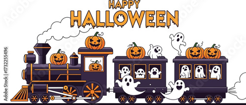 Halloween train with pumpkins and ghosts spooky locomotive carrying cute spirits for a festive celebration