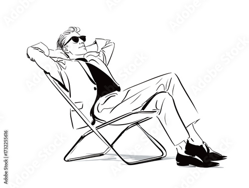 A man dressed in a suit and sunglasses reclines in a stylish chair, exuding an air of relaxation and confidence on a bright day.