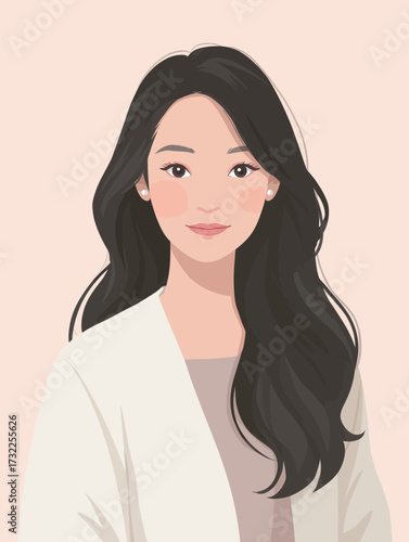 A young woman with long, dark hair is smiling softly. She wears a light-colored top and a cozy cardigan, set against a gentle pink background.