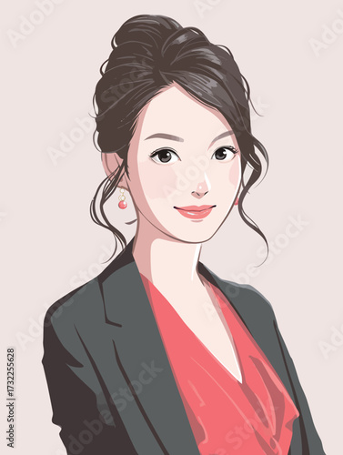A young woman with a sophisticated hairstyle and elegant attire stands confidently, smiling softly against a light backdrop. Her appearance is polished and refined.