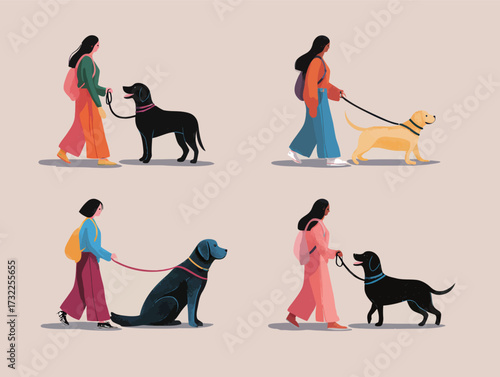 Two women walk different dog breeds in a fun and vibrant setting. The scene captures joyful interactions between the pets and their owners.