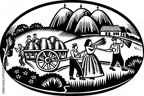 Rustic vintage vector sketch of villagers celebrating harvest with haystacks, carts, and music
