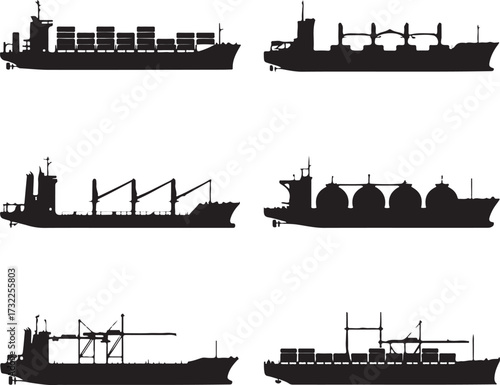 Six black silhouette maritime vessels cargo ship container ship