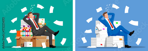 Man sleeping on documents and files. Businessman relaxing during work crisis. Stress management and burnout concept.