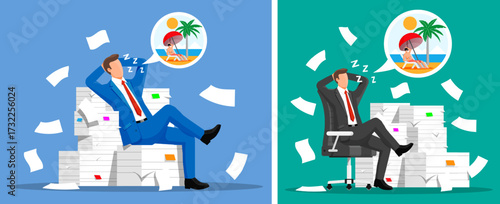 Man dreaming of tropical beach vacation while sitting on pile of documents. Business burnout and work-life balance concept illustration.