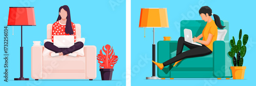 Two women work from home on sofas. Remote work concept. Online learning in cozy home. Flat design illustration for banner.