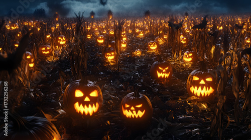 Field Full Of Haunted Pumpkins For Halloween