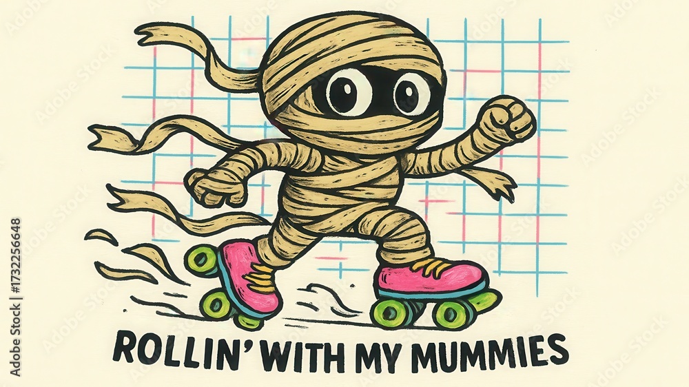 Fototapeta premium Fun Cartoon Mummy Roller Skating with Bold Rollin With My Mummies Text Design for Halloween Celebrations and Playful Designs
