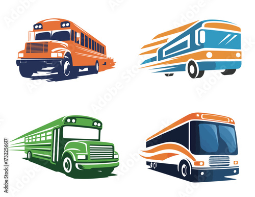Four distinct bus designs showcase colorful styles, each representing a different type of vehicle. The dynamic artwork emphasizes speed and modern transit.