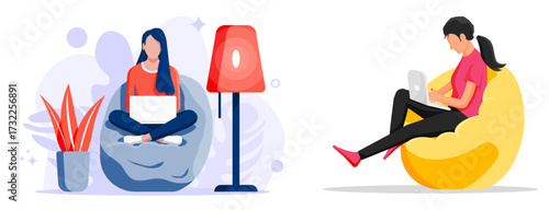 Two women using laptop characters. remote work illustration. Freelance comfortable workplace concept for banner and website.