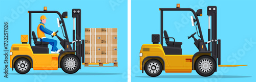 Man driving forklift truck with boxes on pallet. Warehouse worker operating heavy machinery for logistic and delivery service.