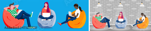 Collection of man and women relaxing with laptop on bean bag chairs. Remote work, freelancing, and digital nomad concept.