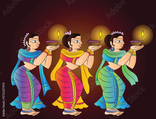 An Indian woman holding a clay lamp lit for the Diwali festival of lights. A beautiful girl in a Saree. An oil lamp is lit during the Indian Diwali celebration. Modern vector illustration