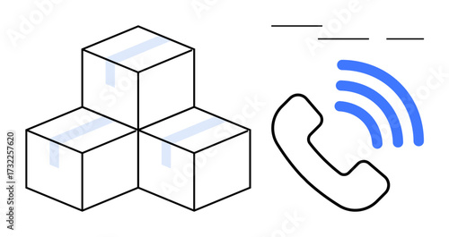 Three stacked delivery boxes and a phone receiver with blue signal waves emphasize logistics, delivery, transportation, communication, connectivity, customer service, and supply chain in a simple