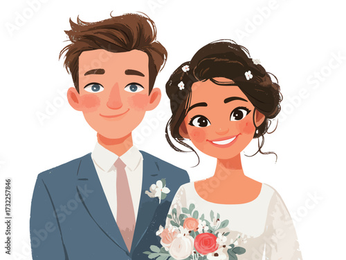 Two happy individuals are celebrating their wedding day. The bride wears a beautiful dress and holds a floral bouquet, while the groom looks elegant in a suit.