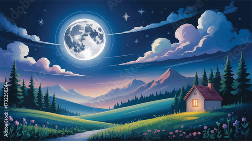Magical Night Landscape – Full Moon Over Hills, House with Lit Window, Pine Trees, Stars, and Flowers in Serene Dusk or Dawn Setting