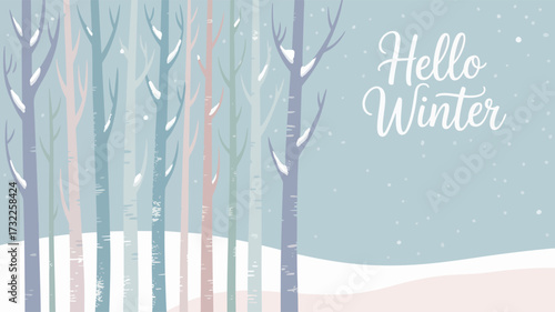 Hello Winter Scene – Stylized Snowy Landscape with Bare Trees, Falling Snowflakes, and Elegant Script Text for Seasonal Greeting or Decor
