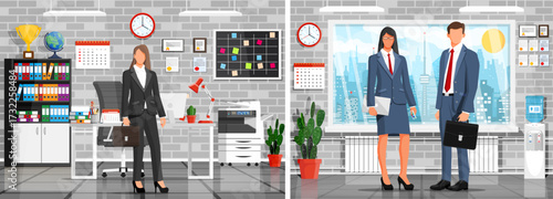 Woman in office with files and calendar. Business woman and man in suits. Office work, career, and corporate teamwork concept.