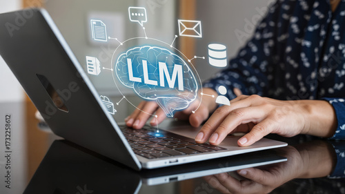 Person using laptop with llm large language model concept, artificial intelligence and machine learning