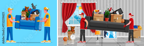 Two men carry a couch heavily loaded with moving boxes and household items into a new apartment. Relocation service concept.