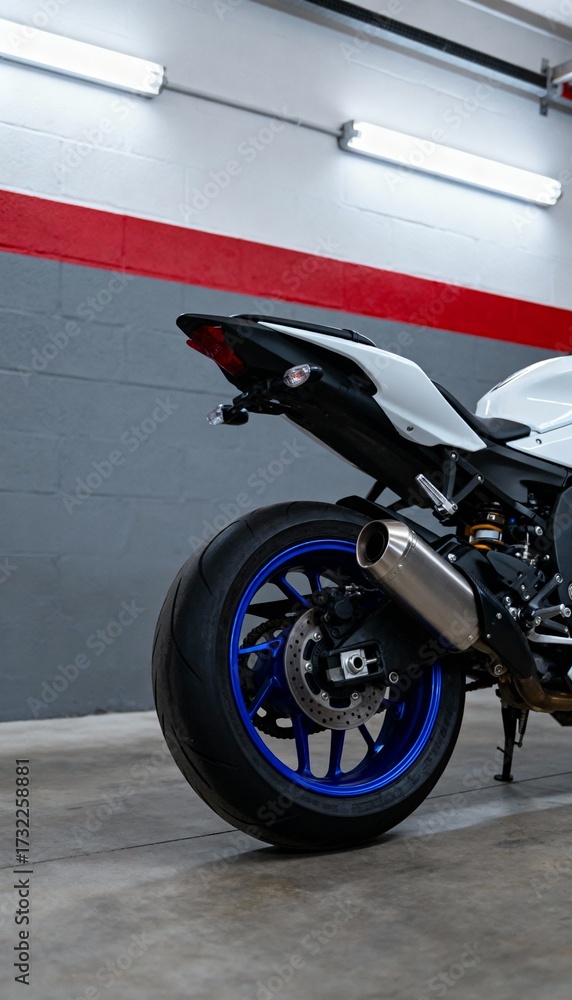 Fototapeta premium Close-up of a white and black motorcycle with blue rim in a modern garage