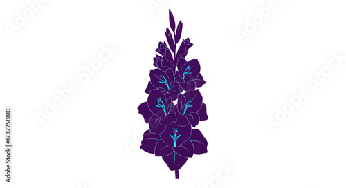 Tall flower stalk, stylized, in deep purple with bright turquoise accents