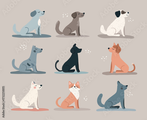 A collection of nine playful cartoon dogs sits in different poses and colors. Each dog has a unique expression and character, adding charm to the scene.