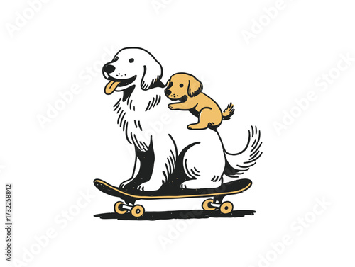 Two joyful dogs enjoy riding a skateboard. One large dog carries a smaller puppy on its back, showcasing their friendship and playful spirit in a lively outdoor setting.