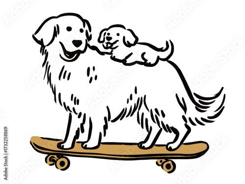 A large dog happily rides a skateboard with a small puppy balancing on its back. Both dogs look cheerful and playful, enjoying their time together outdoors.
